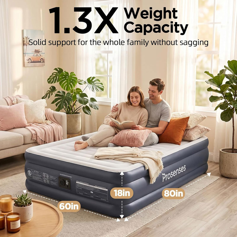 Queen Air Mattress with Built-in Pump-18 Elevated, Horizontal I-Beam Support 800 LBS, Airtight PVC Bonding, Rapid 3-Min Inflation Blow up Mattress with Carry Bag for Home Guests Camping