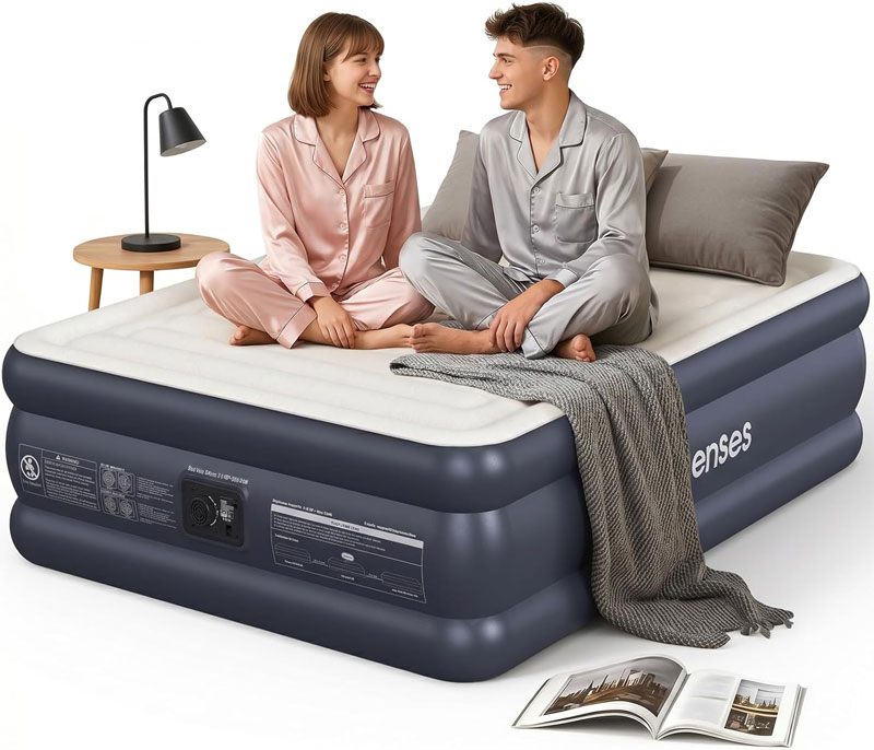 Queen Air Mattress with Built-in Pump-18 Elevated, Horizontal I-Beam Support 800 LBS, Airtight PVC Bonding, Rapid 3-Min Inflation Blow up Mattress with Carry Bag for Home Guests Camping