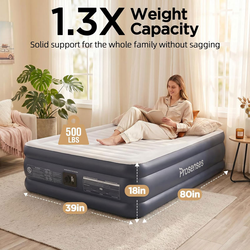 Queen Air Mattress with Built-in Pump-18 Elevated, Horizontal I-Beam Support 800 LBS, Airtight PVC Bonding, Rapid 3-Min Inflation Blow up Mattress with Carry Bag for Home Guests Camping