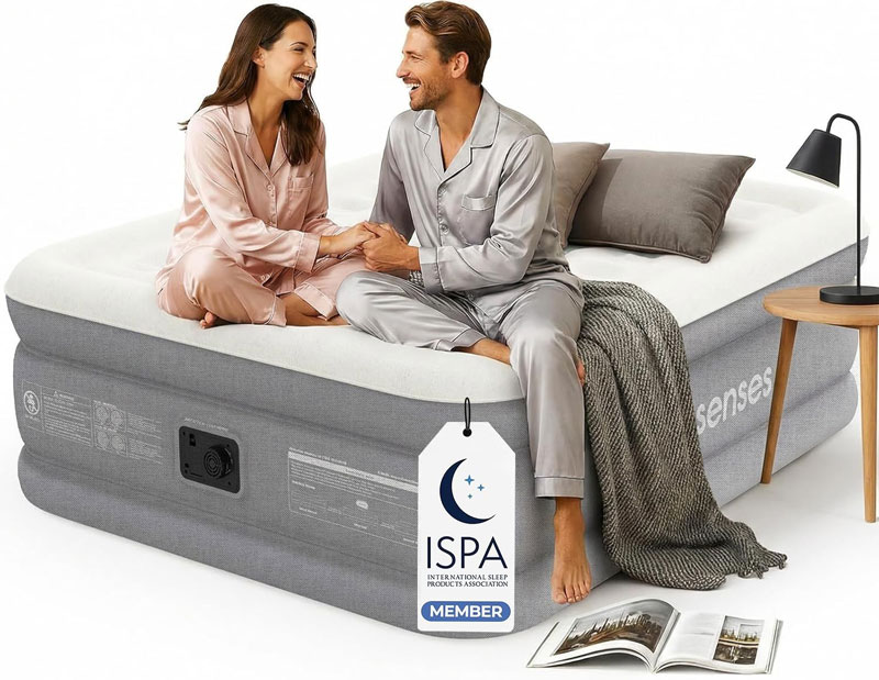 Prosenses Air Mattress with Built-in Pump 18in, 3-Layer Fabric-Laminated Side Walls Anti-Leak, Honeycomb Coil-Beam Support, Fast Inflation Blow up Air Mattress for Home Guests Camping