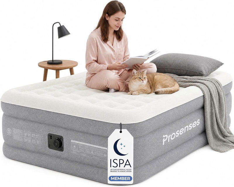 Prosenses Air Mattress with Built-in Pump 18in, 3-Layer Fabric-Laminated Side Walls Anti-Leak, Honeycomb Coil-Beam Support, Fast Inflation Blow up Air Mattress for Home Guests Camping
