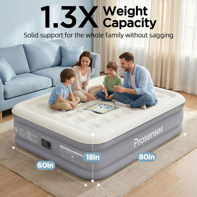 Prosenses Air Mattress with Built-in Pump 18in, 3-Layer Fabric-Laminated Side Walls Anti-Leak, Honeycomb Coil-Beam Support, Fast Inflation Blow up Air Mattress for Home Guests Camping