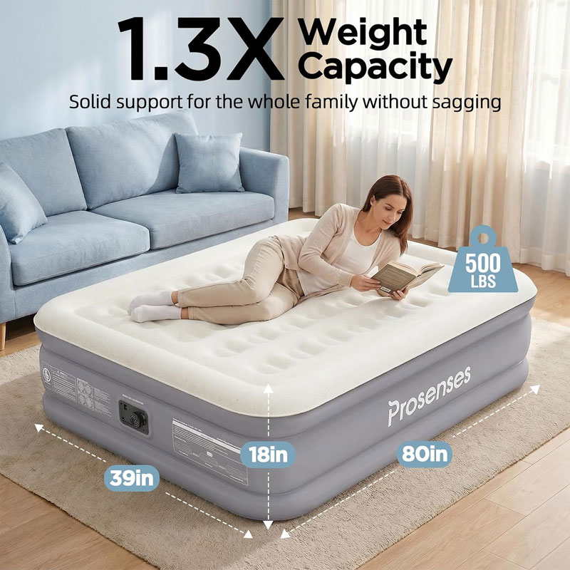 Prosenses Air Mattress with Built-in Pump 18in, 3-Layer Fabric-Laminated Side Walls Anti-Leak, Honeycomb Coil-Beam Support, Fast Inflation Blow up Air Mattress for Home Guests Camping
