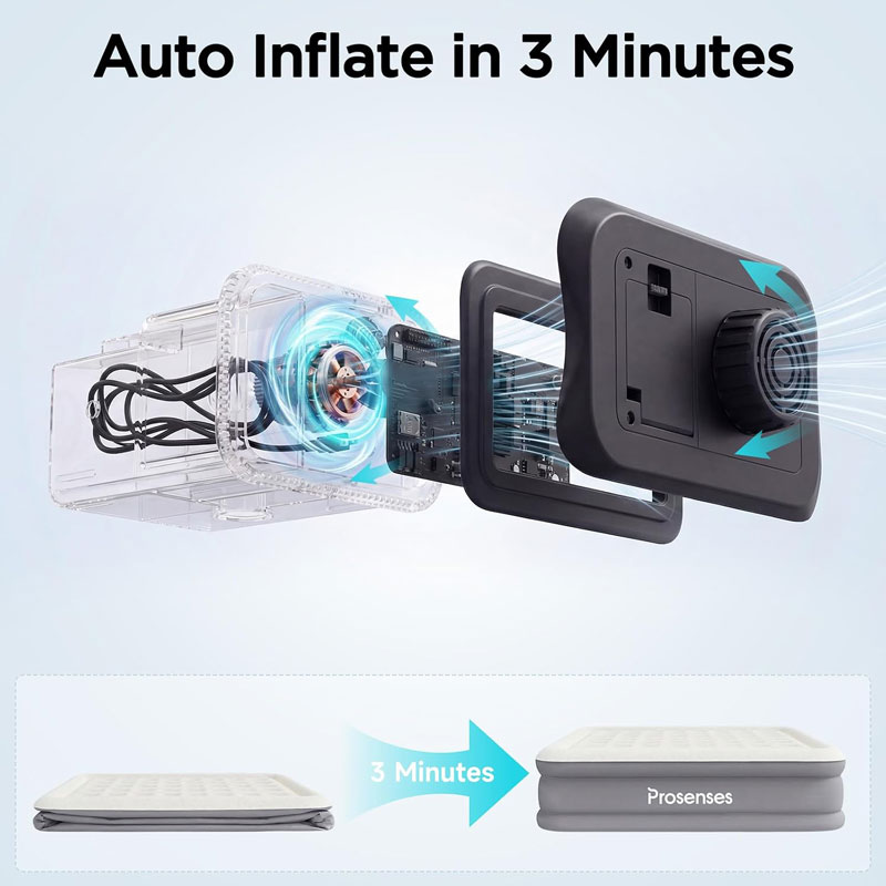 Prosenses Air Mattress with Built-in Pump 18in, 3-Layer Fabric-Laminated Side Walls Anti-Leak, Honeycomb Coil-Beam Support, Fast Inflation Blow up Air Mattress for Home Guests Camping