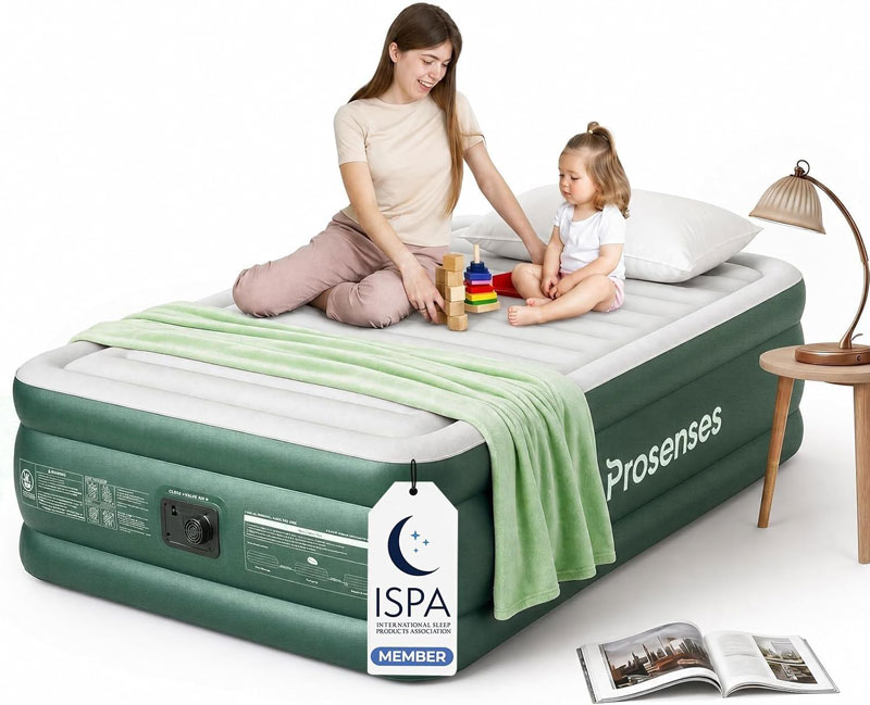 Prosenses Air Mattress with Built-in Pump 18in, 3-Layer Fabric-Laminated Side Walls Anti-Leak, Honeycomb Coil-Beam Support, Fast Inflation Blow up Air Mattress for Home Guests Camping