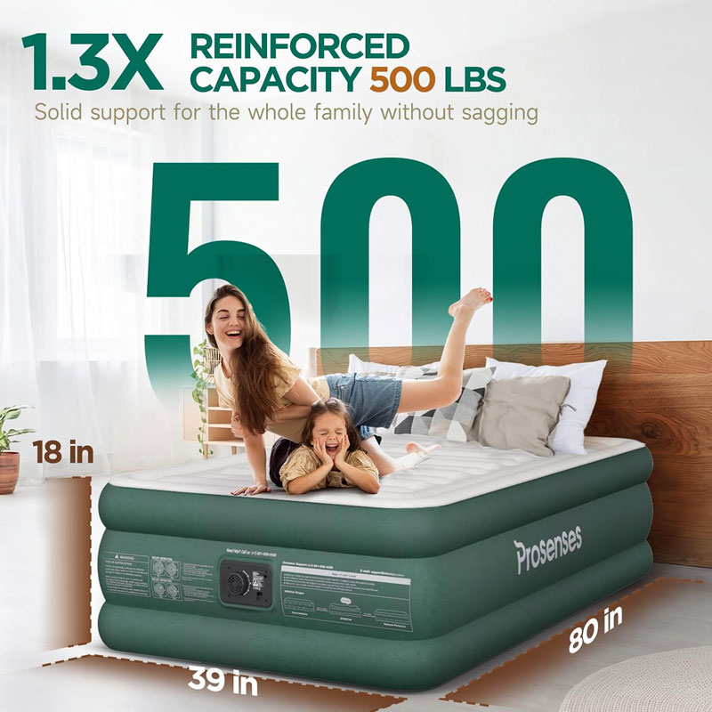 Prosenses Air Mattress with Built-in Pump 18in, 3-Layer Fabric-Laminated Side Walls Anti-Leak, Honeycomb Coil-Beam Support, Fast Inflation Blow up Air Mattress for Home Guests Camping